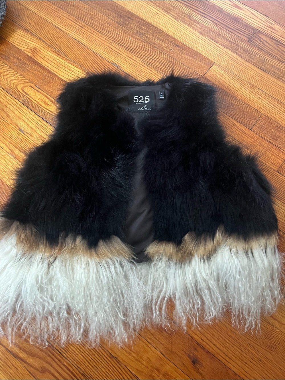 Raccoon and lamb fur Colorblock Vest - Black, Brown & White